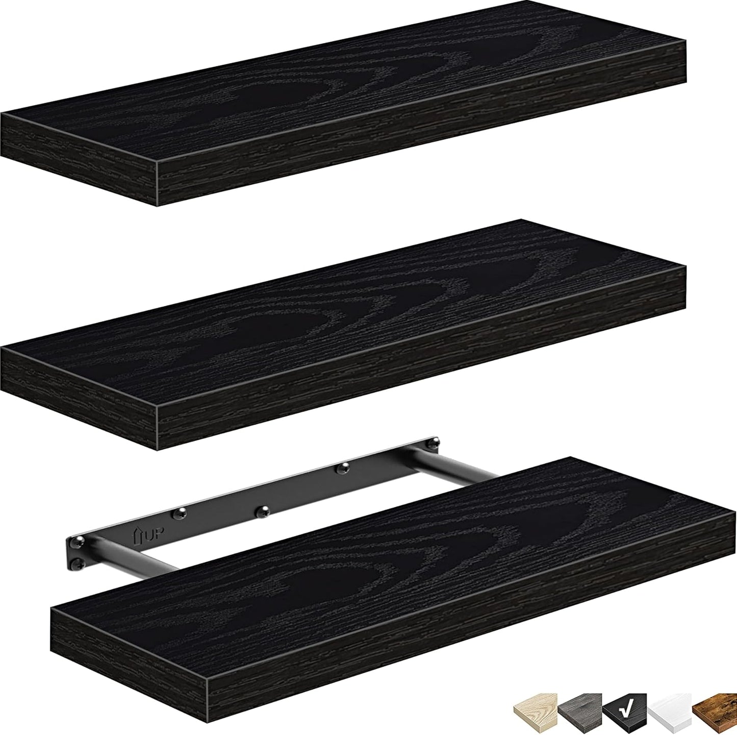 QEEIG Floating Shelves - Stylish Wall Storage for Bathroom, Bedroom & Kitchen - Set of 3, 16 Inch, Black