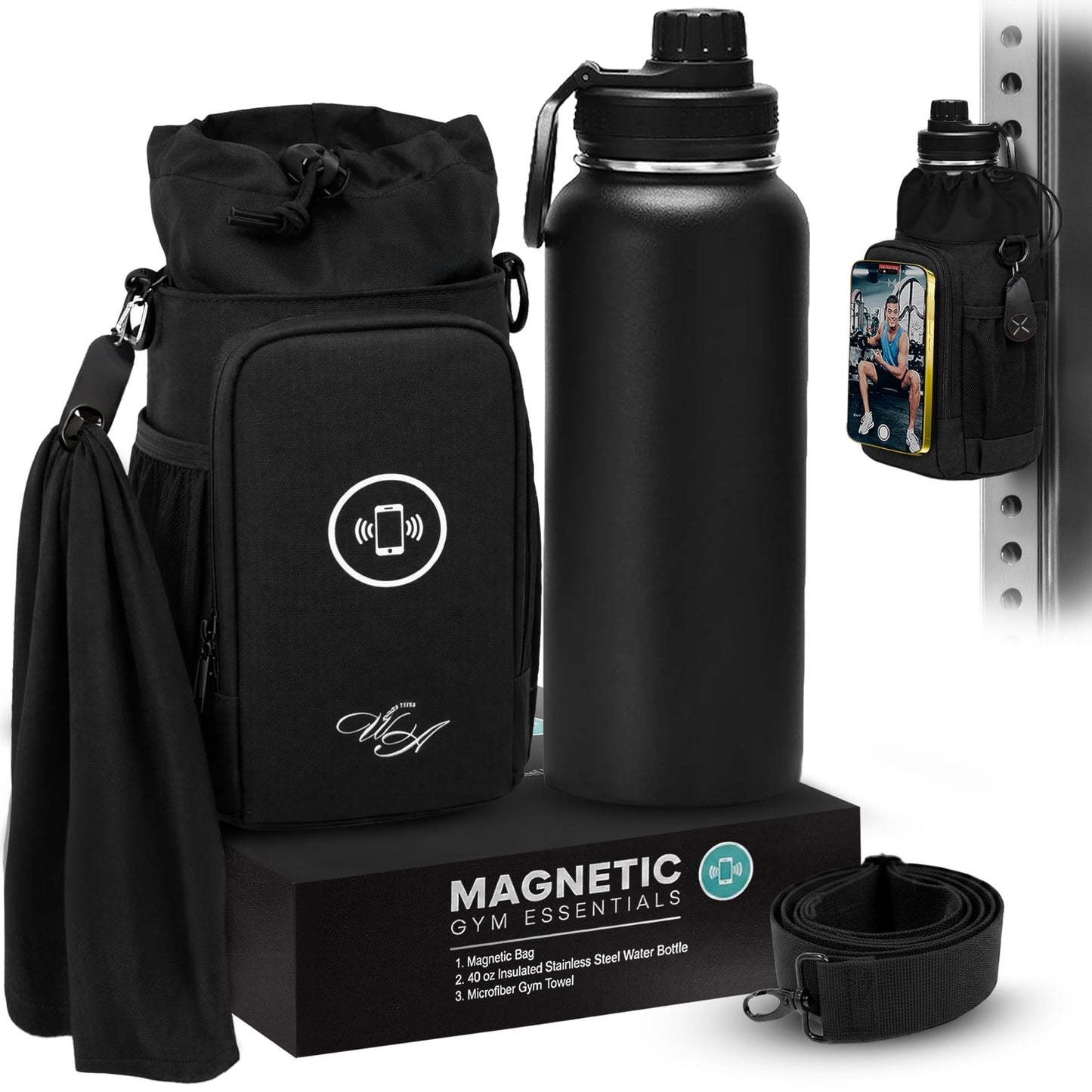 Magnetic Gym Bag & Magnetic Water Bottle Holder Set - 40oz Insulated Stainless Steel Bottle, Microfiber Towel, Cross Body Strap & Phone Holder Magnet - Gym Bag Essentials for Fitness, Work & Travel