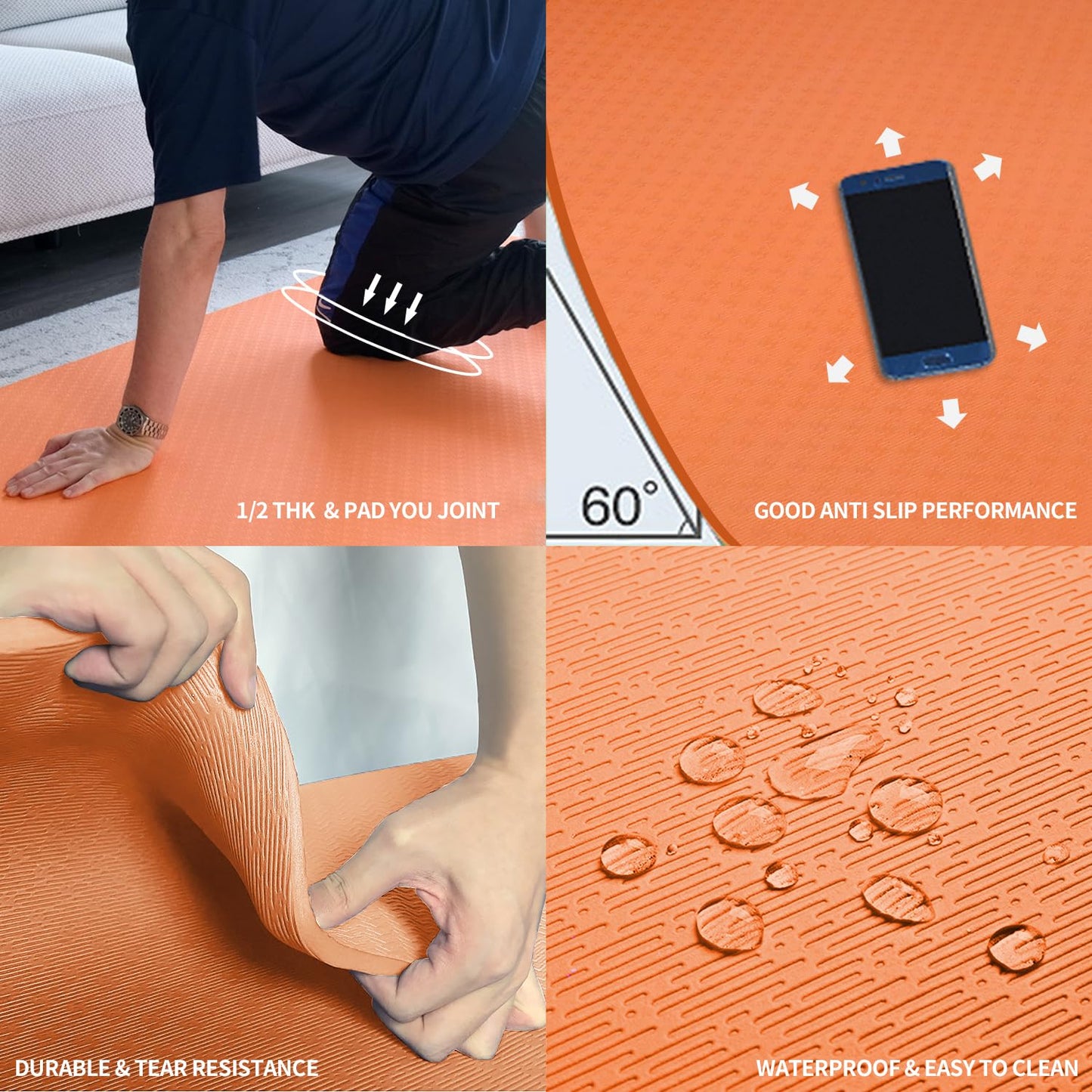 Hatha Yoga Large TPE Yoga Mat 6'x4'x1/2" Extra Thick Non-Slip Exercise Mat - for Yoga Pilates & Home Gym Workouts(Orange)