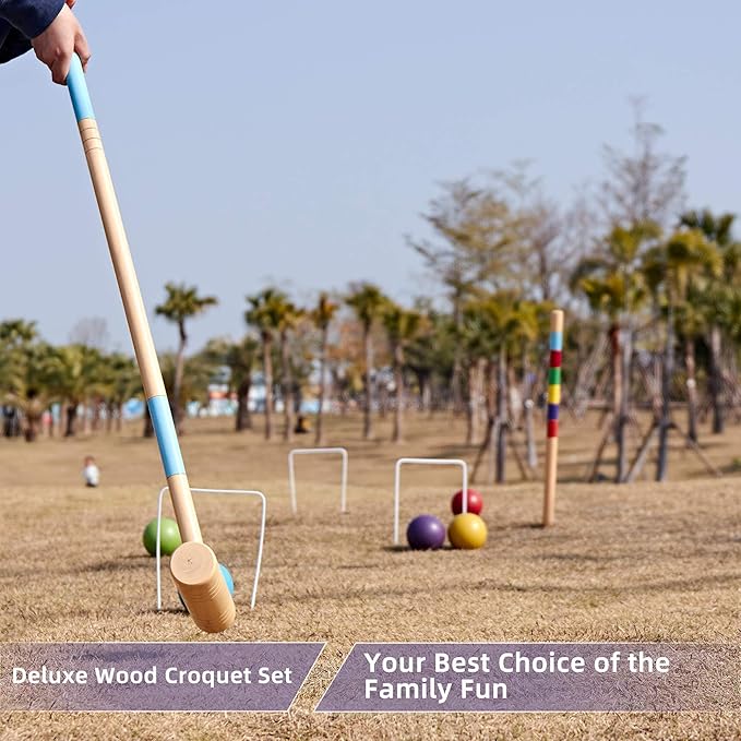 ApudArmis 35In Six Players Croquet Set with Deluxe Premiun Pine Wooden Mallets,Colored Ball,Wickets,Stakes - Lawn Backyard Game Set for Adults/Teens/Family (Large Carry Bag Including)