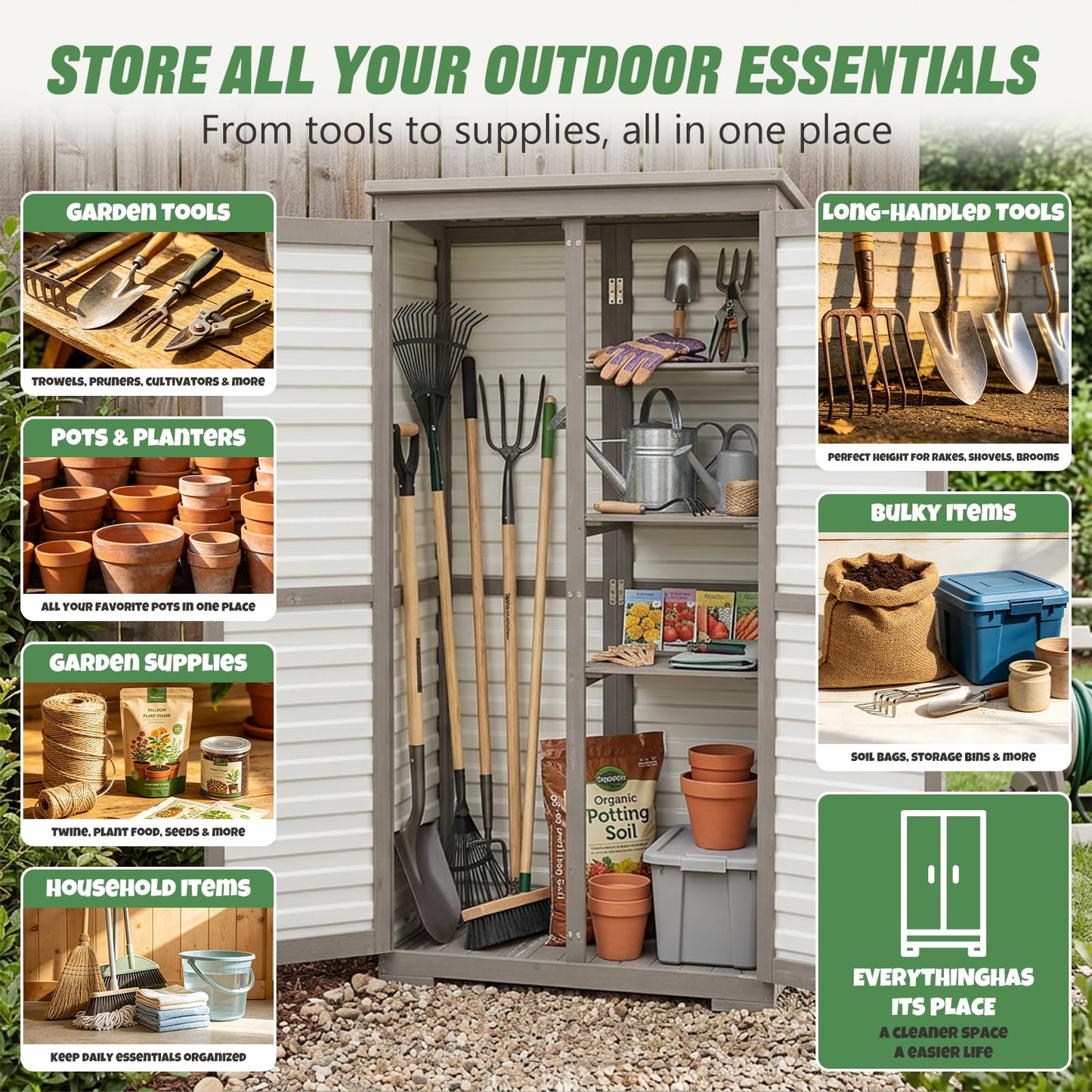 Outdoor Storage Cabinet – Store More in Less Space, Tall Vertical Garden Tool Organizer with 4 Shelves & Long Handle Storage, Weather-Resistant Patio Cabinet for Backyard, Garden, Side Yard