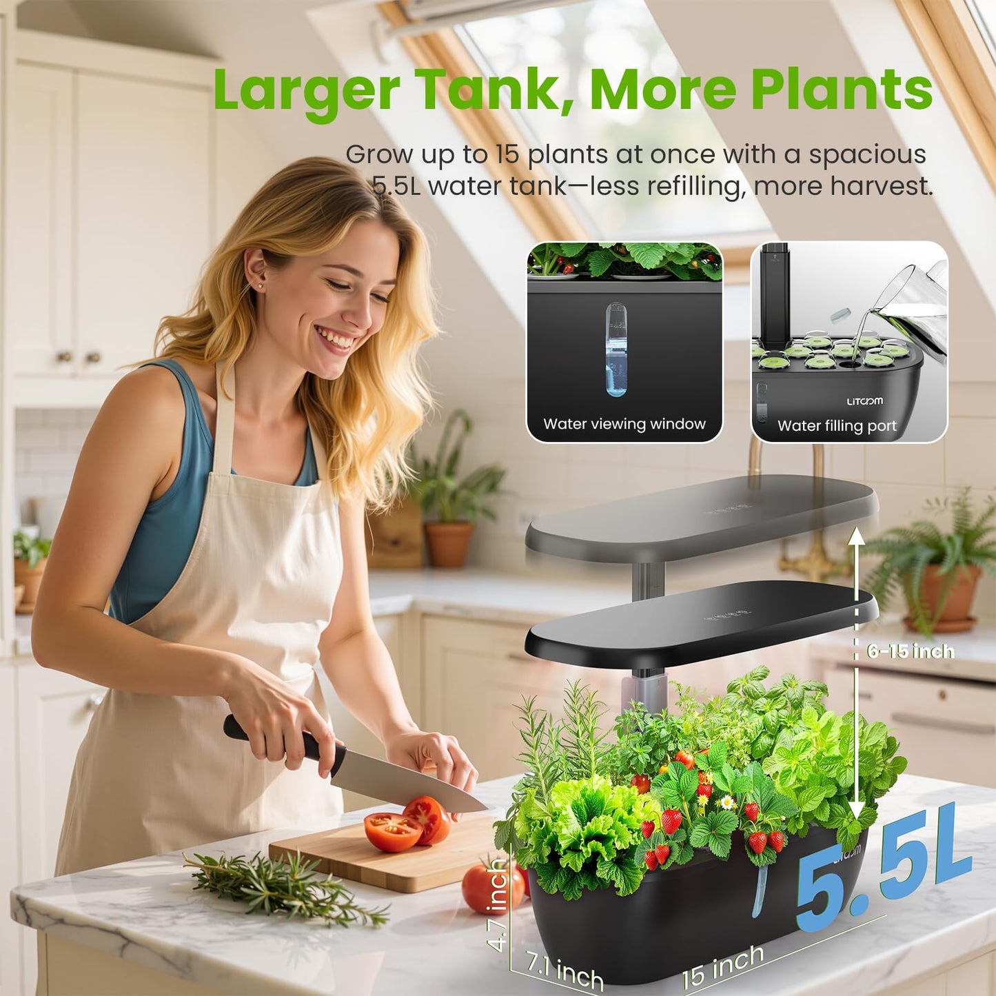 litokam Hydroponics Growing System Kit, 15 Pods Indoor Herb Garden with Smart APP & Quiet Pump, 24W LED Light, Auto Timer, Indoor Garden for Herbs, Vegetables & Flowers, Ideal Gift for Plant Lovers