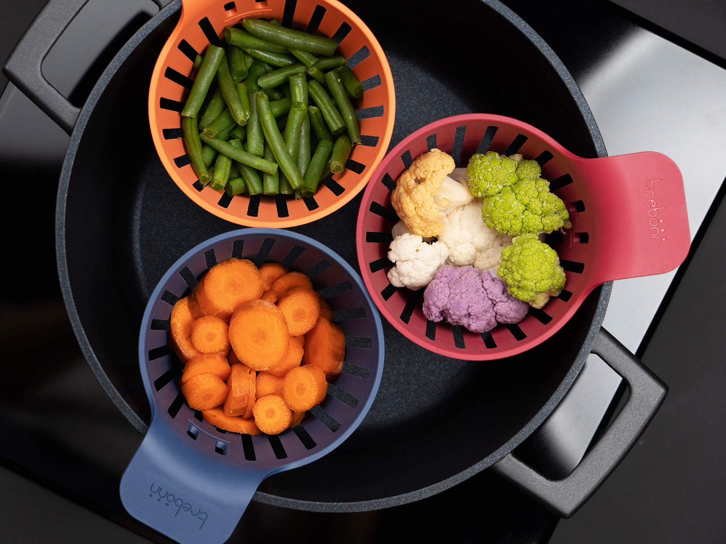 TREBONN, Cookin’ Pod 3 Piece Set, Single Portion Slotted Strainers for Pasta and Vegetables, Everyday Use, Coral Purple Blue-Gray, 1 Set