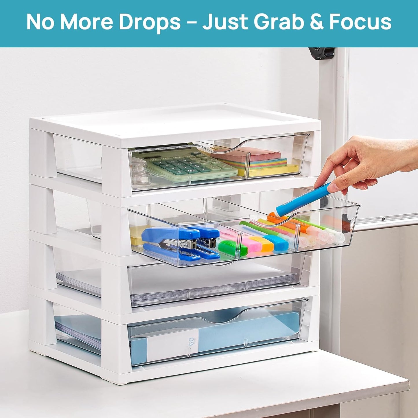 Vtopmart Clear Desk Organizer - 4-Tier Desktop File Organizer with Drawers for Office Supplies
