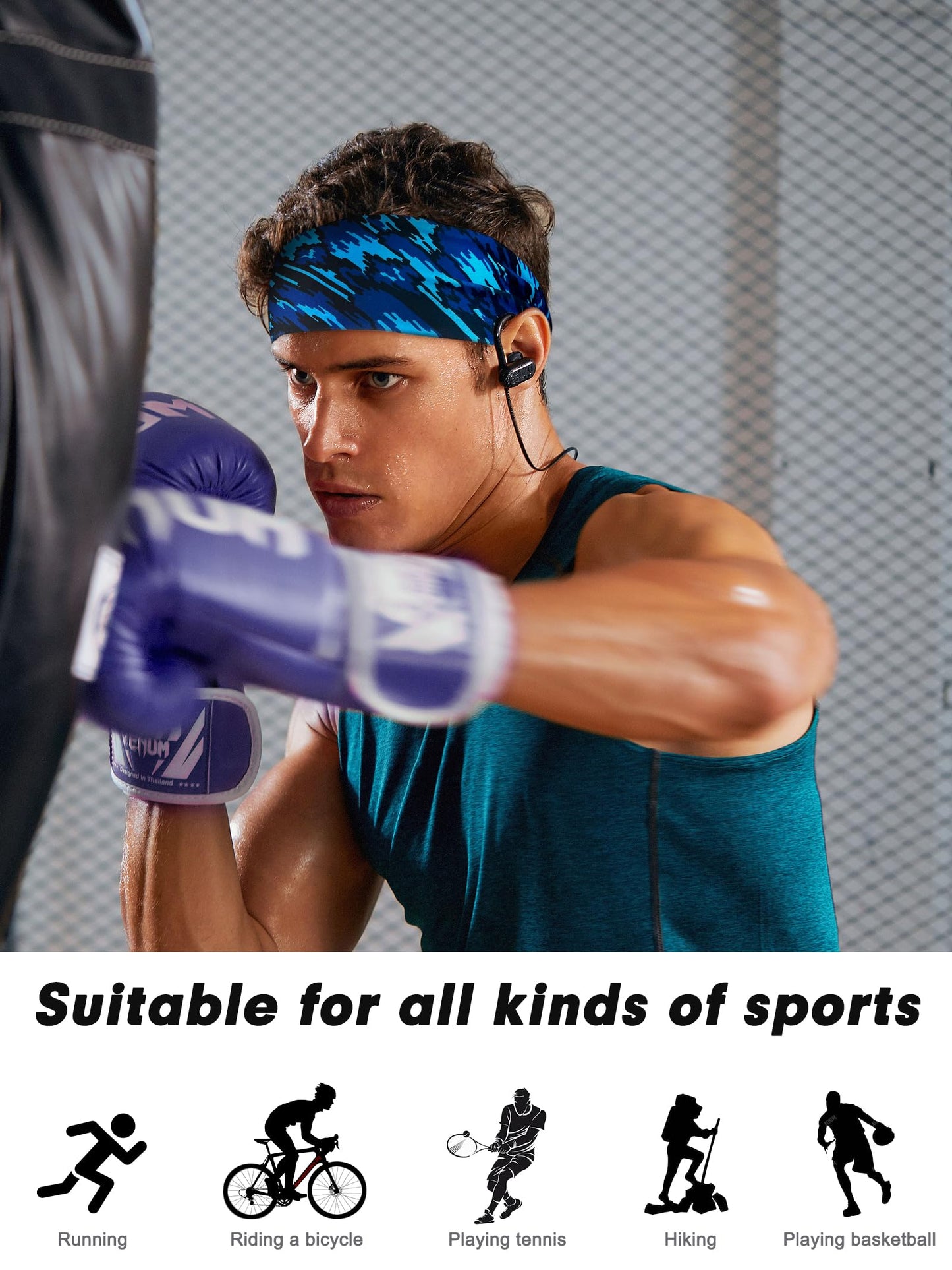 AWUMBUK Men's Sports Headbands, Absorbent Stretchy Sweatbands 5 Pack for Workout, Football, Running, Cycling, Fitness