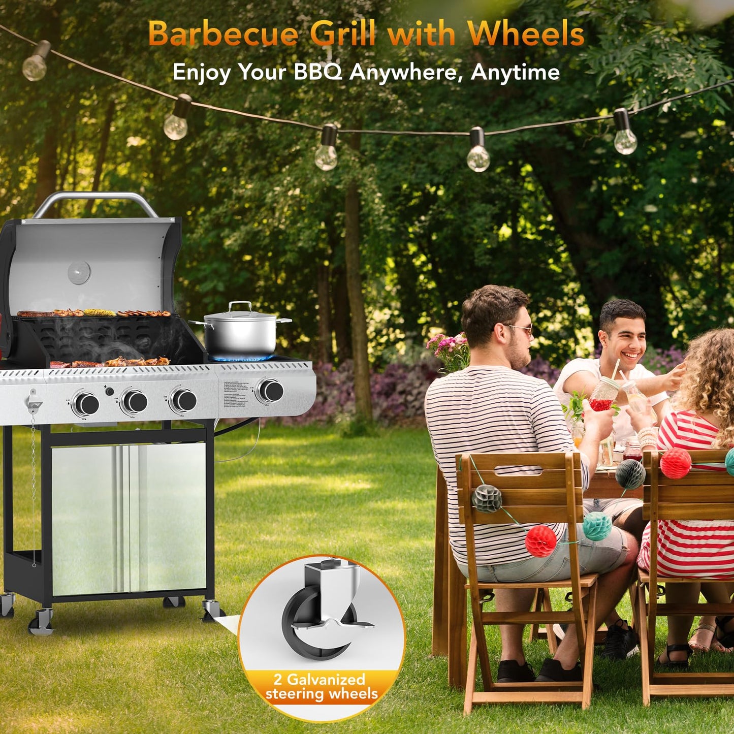 3-Burner Propane Gas Grill with Side Burner,Stainless Steel BBQ Grill with Porcelain-Enameled Cast Iron Grates,37000 BTU Barbecue Grill, Suitable for Patio,Camping,Outdoor Cooking