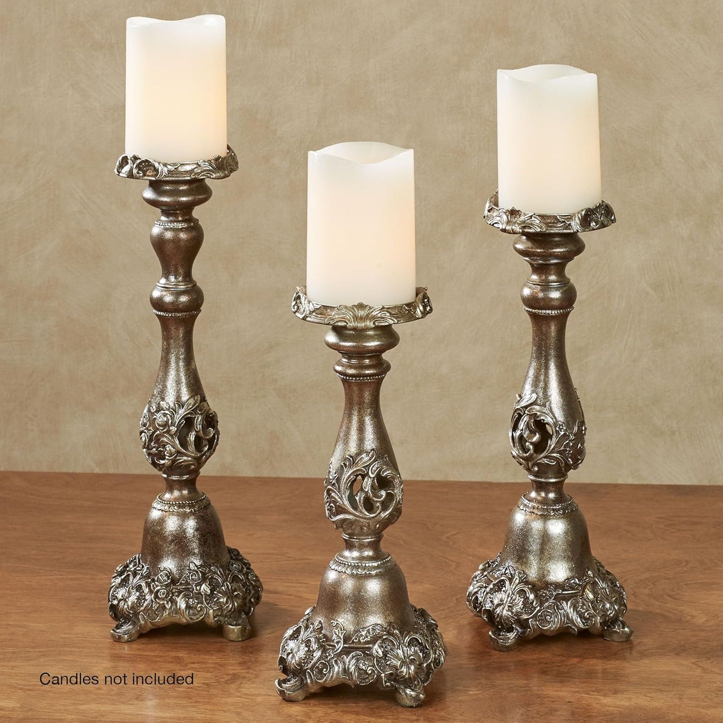 Touch of Class Victoria Acanthus Leaf Candleholders Set of 3 - Metallic Bronze & Silver Resin Candlesticks for Home Decor
