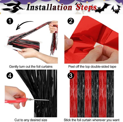 8 Pack Halloween Party Supplies - Red & Black Foil Streamer Tinsel Backdrop | 3.28 FT x 7.05 FT