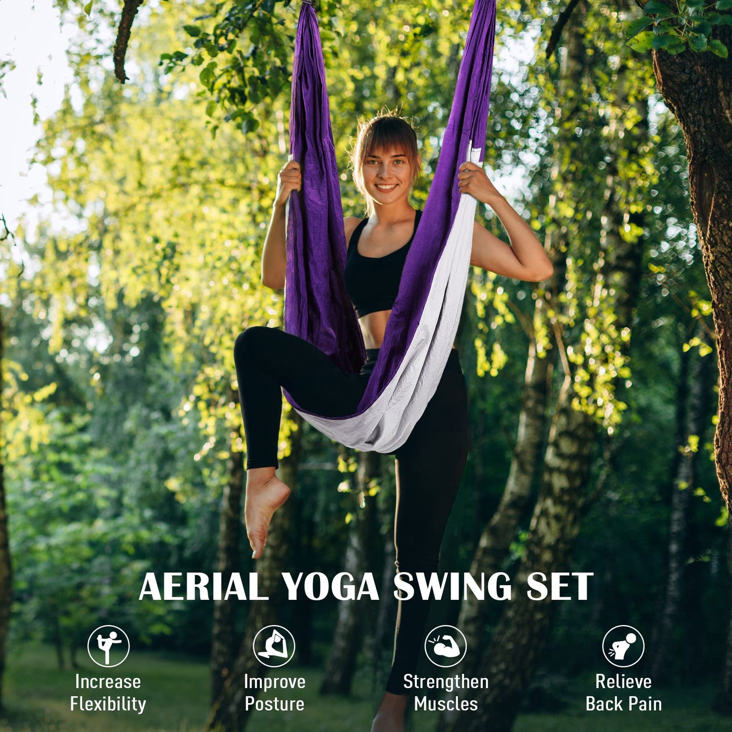 ZELUS Aerial Yoga Swing Sling Strong Yoga Hammock Kit Set Trapeze Inversion Equipment Include 2 Extensions Straps and Ceiling Mounting Kit(Purple)