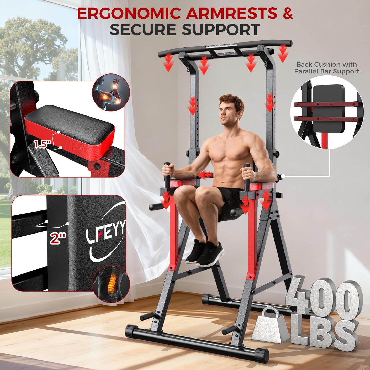 Power Tower Pull Up Bar Free Standing,13-Level Adjustable Height Dip Station with X-Frame Stability, Multi-Grip Handles, Backrest, Home Gym Strength Training Equipment 400LBS