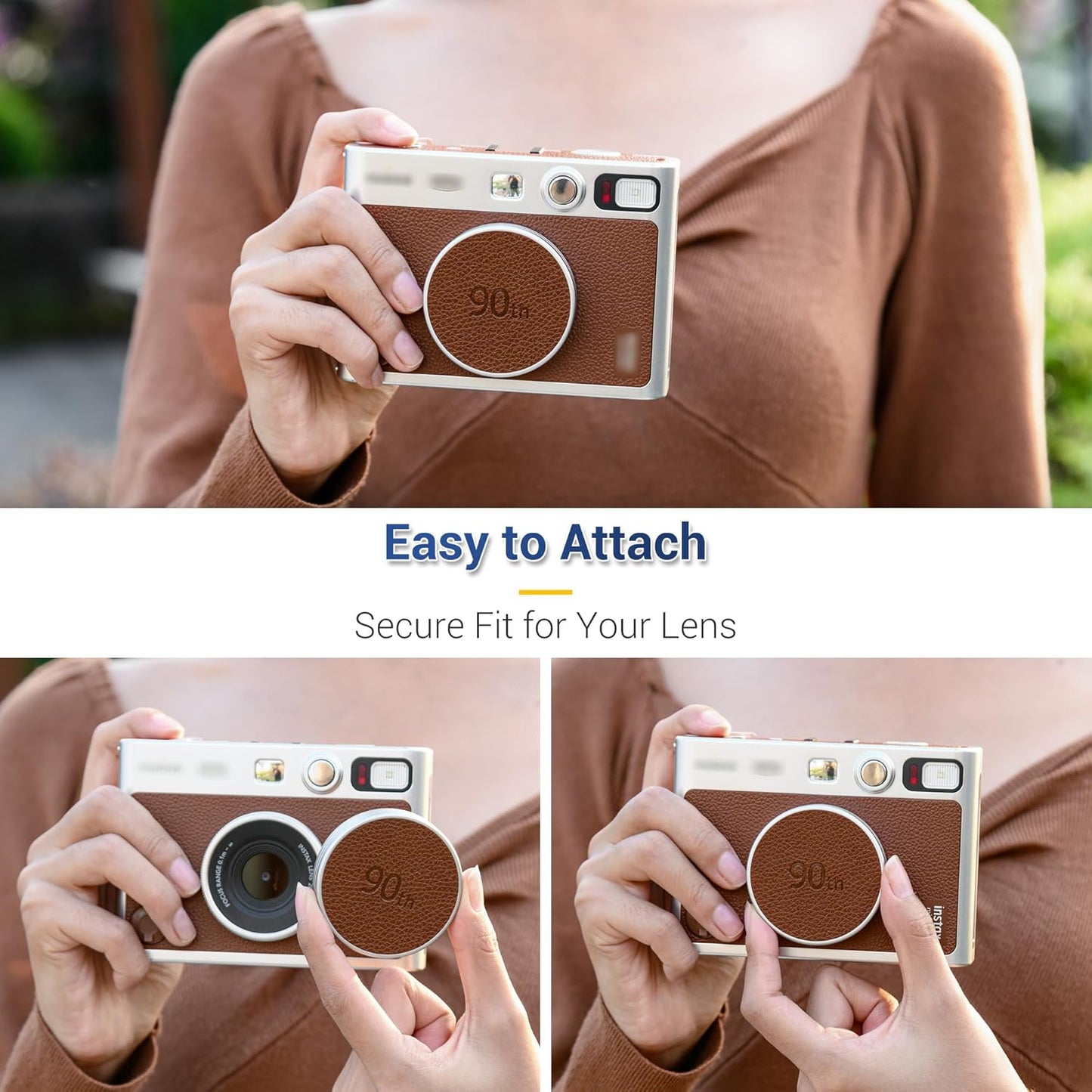JJC Retro Leather Lens Cap for Fujifilm Instax Mini EVO, Brown Aluminum Anti-Dust Anti-Scratches Lightweight Camera