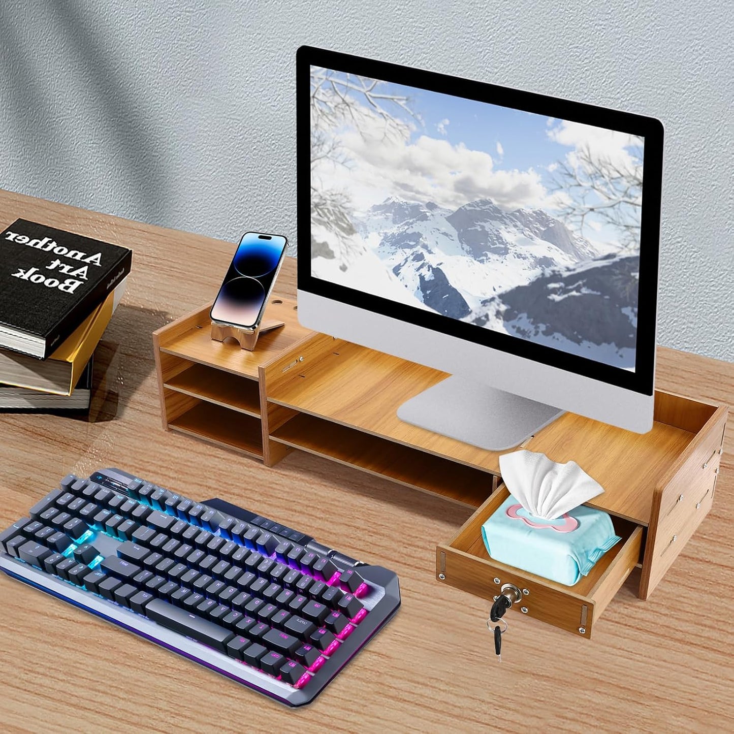 QUSKLISU (02) Computer Monitor Stand, Computer Rack with Drawers, Two top Platforms Desk Organizer Monitor Stand