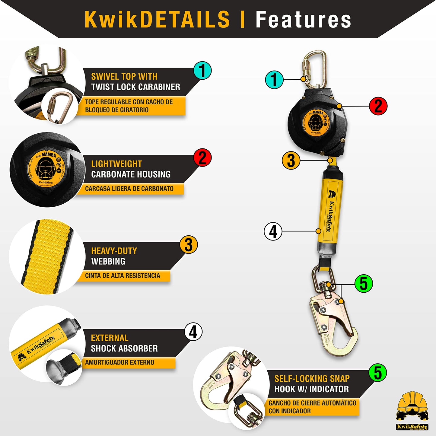 KwikSafety - 6' mini Mamba Self Retracting Lifeline [COMBO] Class 1 Retractable Safety Lanyard SRL ANSI OSHA