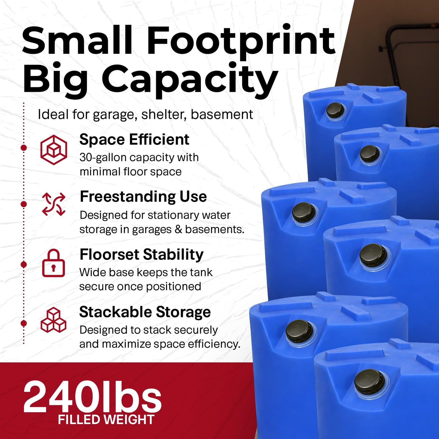 Legacy Food Storage Stackable Emergency Water Storage Container, Long Term 30 Gallon Water Tank with Water Treatment Drops, for Camping, Prepping, Survival, 21.25”H, 19.5”W, 24.5”D 2 Tanks
