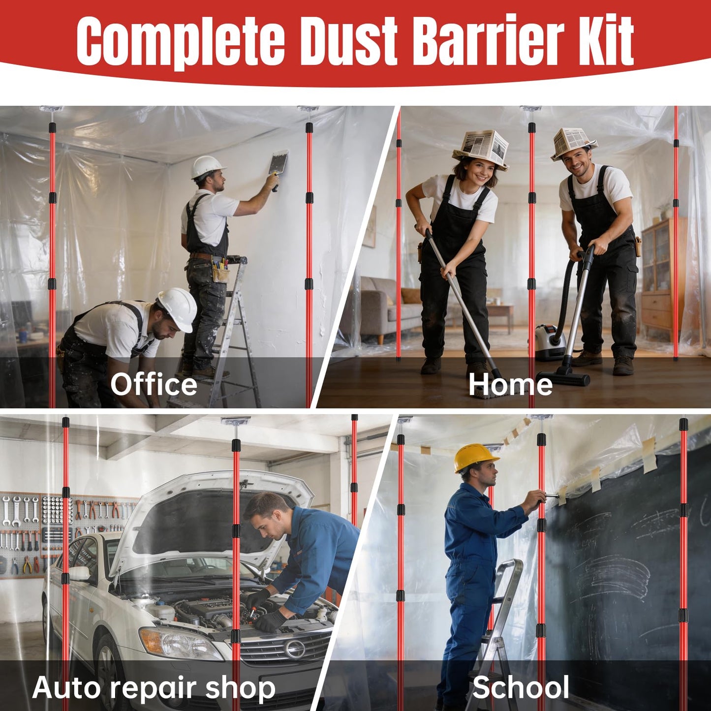 10FT Dust Barrier Poles Kit, 4 Pack Spring Retractable Zip Poles, with Heavy Duty Plastic Sheeting (32.8x13.1FT), 2 Zippers & Gloves, for Dust Barrier System, Renovation, Painting, Construction