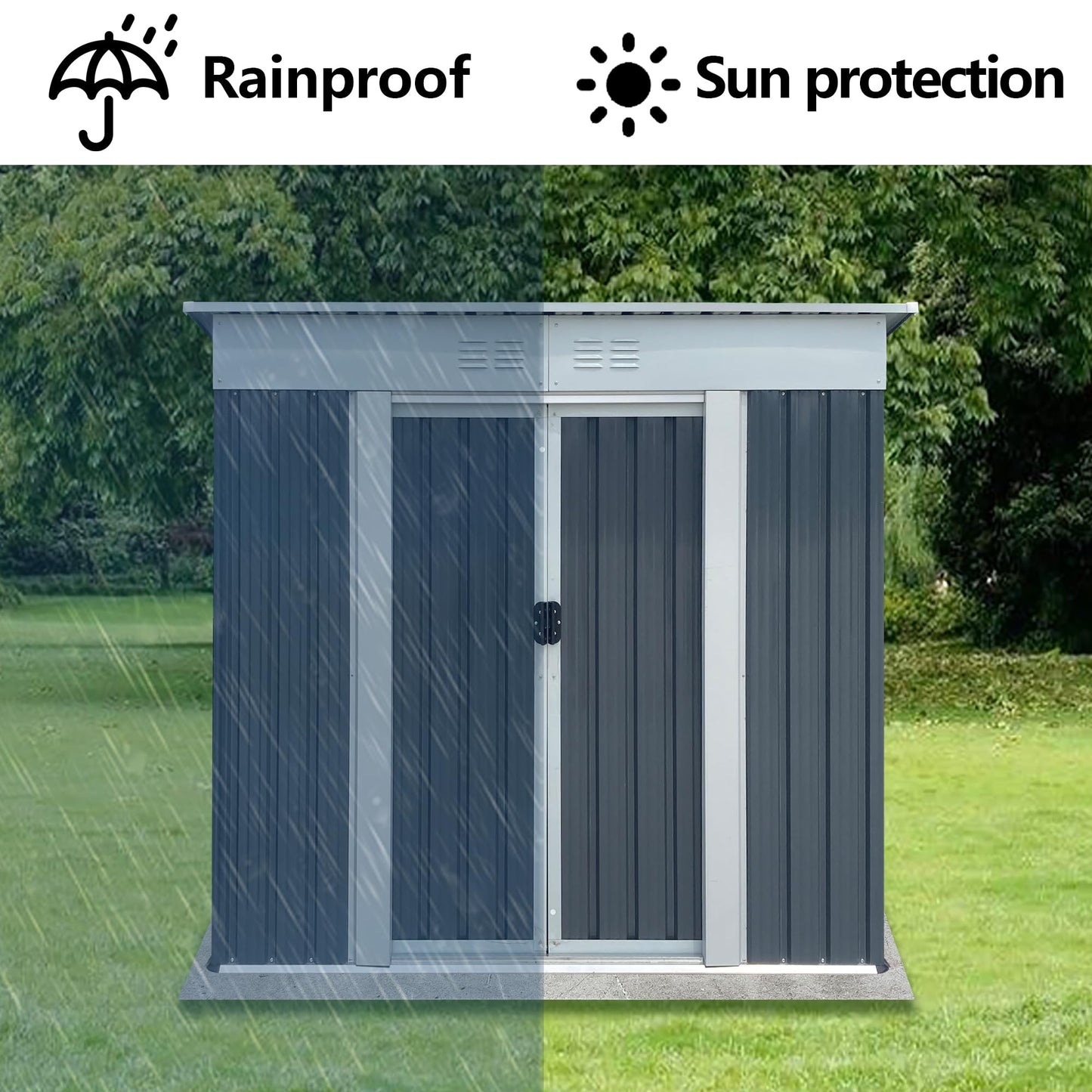 KEIKI 6x4 FT Outdoor Storage Shed with Pent Roof and Lockable Sliding Door, Small Waterproof Galvanized Steel Storage House with Aluminum Alloy Frame for Garden, Backyard, Patio, Lawn, Grey & White