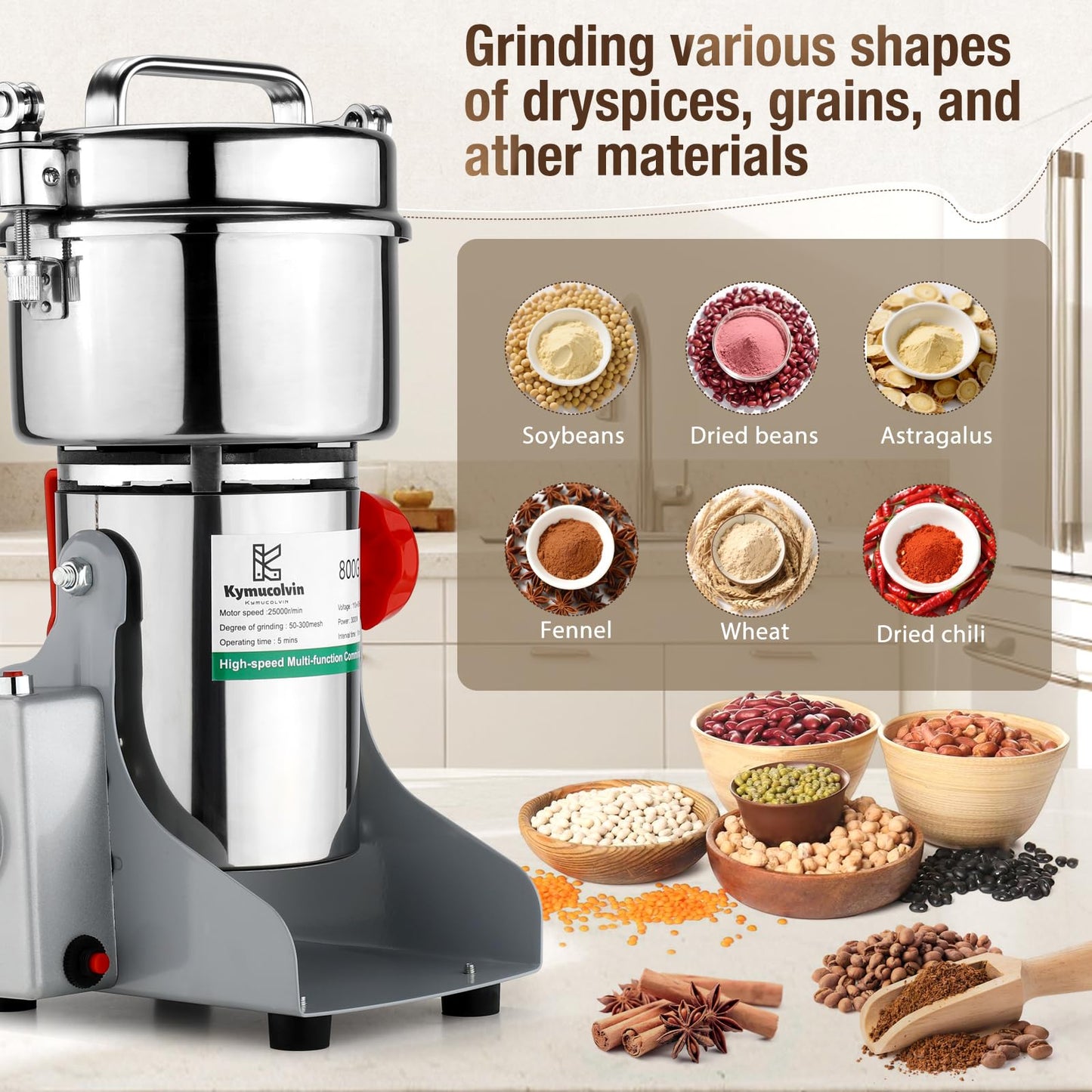 Kymucolvin Electric Grain Mill Grinder-1000g 110V 3500W Performance Grain Mill,Suitable For Kitchen, Household,Commercial Use of Crushing Dry Grains,Spices,Herbs,Coffee,Corn,Pepper Grinder. (1000g)