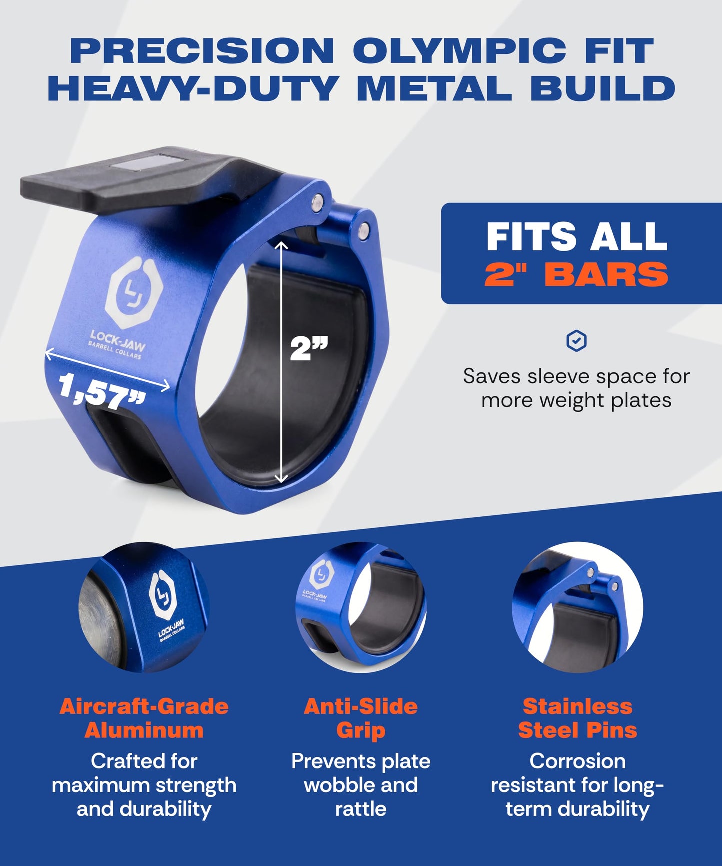 Lock-Jaw Metal Barbell Collars (Blue) Barbell Clamps - 1 Pair Heavy Duty Bar Clamps for 2” & 50mm Olympic Bars – Secure Weight Bar Clamps for Strength Training & Home Gym Accessories – Quick Release