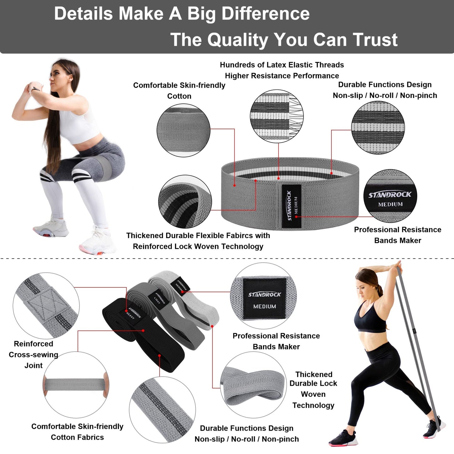 STANDROCK Fabric Resistance Bands for Working Out, 3 and 4 Levels Booty Bands Long Resistance Bands for Women and Men | Elastic Bands for Exercise Bands Resistance Workout Bands Resistance