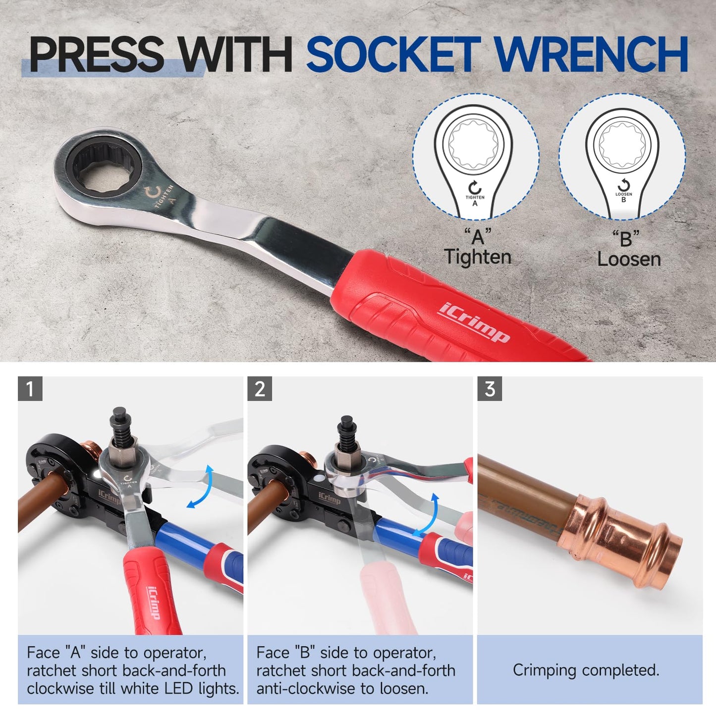 iCrimp Copper Pipe Press Tool for 1/2" 3/4" 1" Fittings, Manual Wrench & Electric Socket Dual-Drive Crimping Tool with Cutter, Compatible with ProPress, Compact Design for Tight Spaces