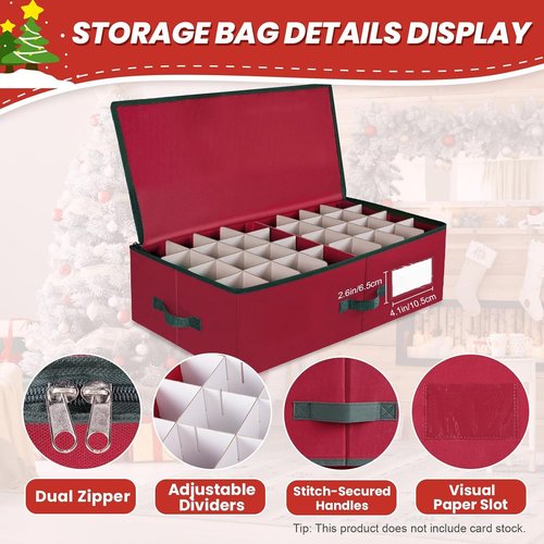 BlessedSeason Christmas Ornament Storage Box - Holds Up to 64 3” Balls | Adjustable Dividers & Visual ID Window