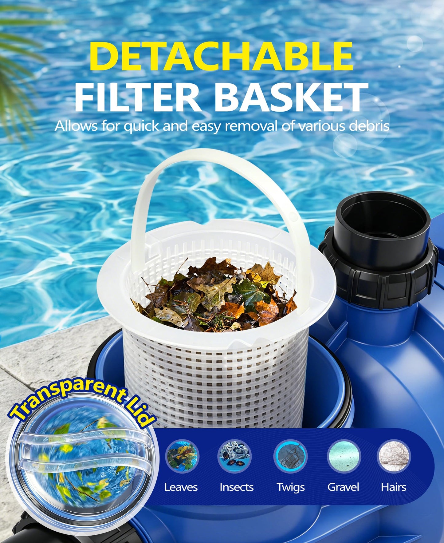 LuxBlue 1.5HP In/Above Ground Pool Pump | Powerful Self-Priming Pool Pumps | Max 6060GPH, 52FT Head Lift for Energy Efficient Water Circulation & Filtration, Includes 1.25"/1.5"/2" Hose Connectors