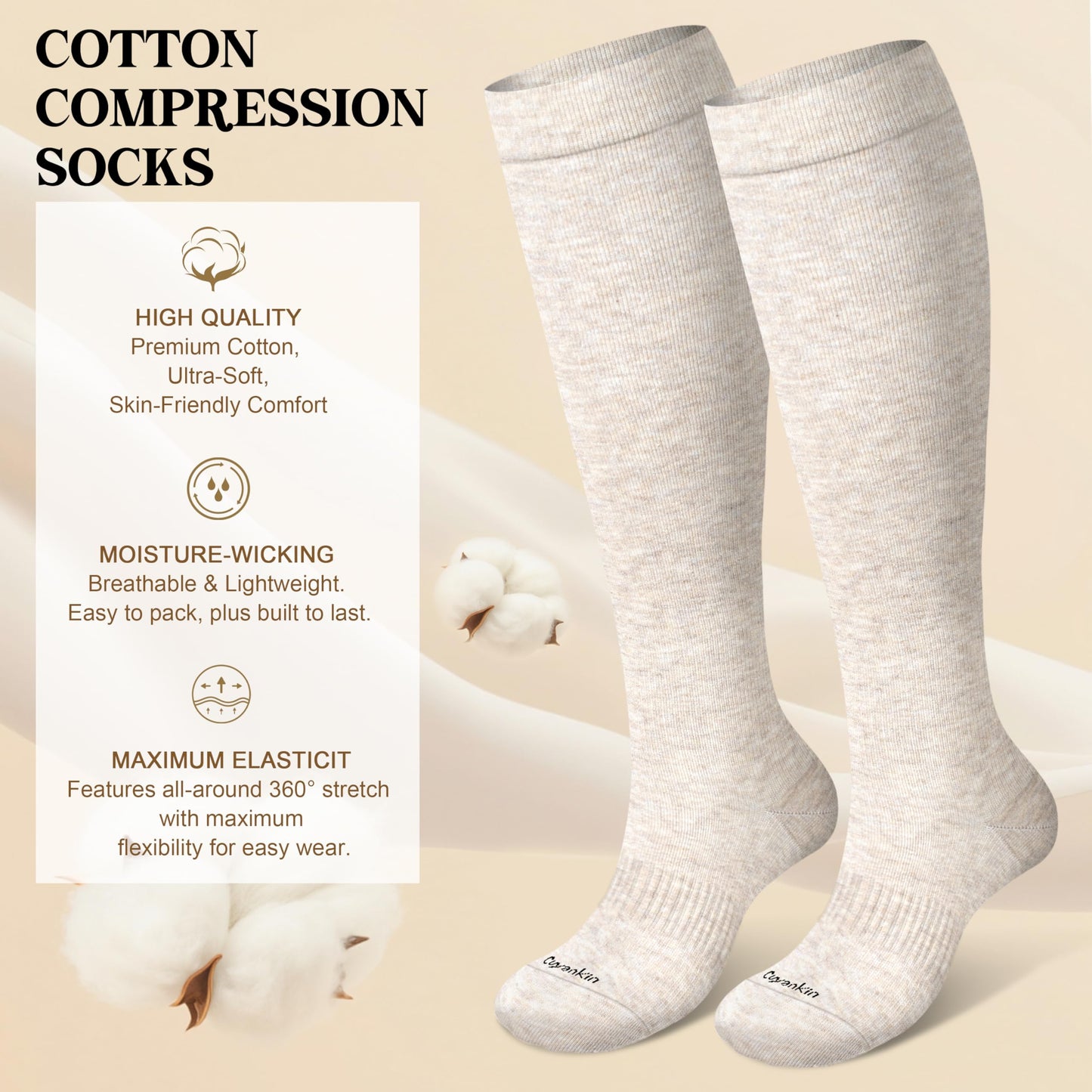 Cuyankin Compression Socks for Women and Men Cotton 15-20mmHg Knee High Soft Support Sock for Nurses, Flying, Travel, Pregnancy,Improve Circulation, Cream, Brown, Coffee