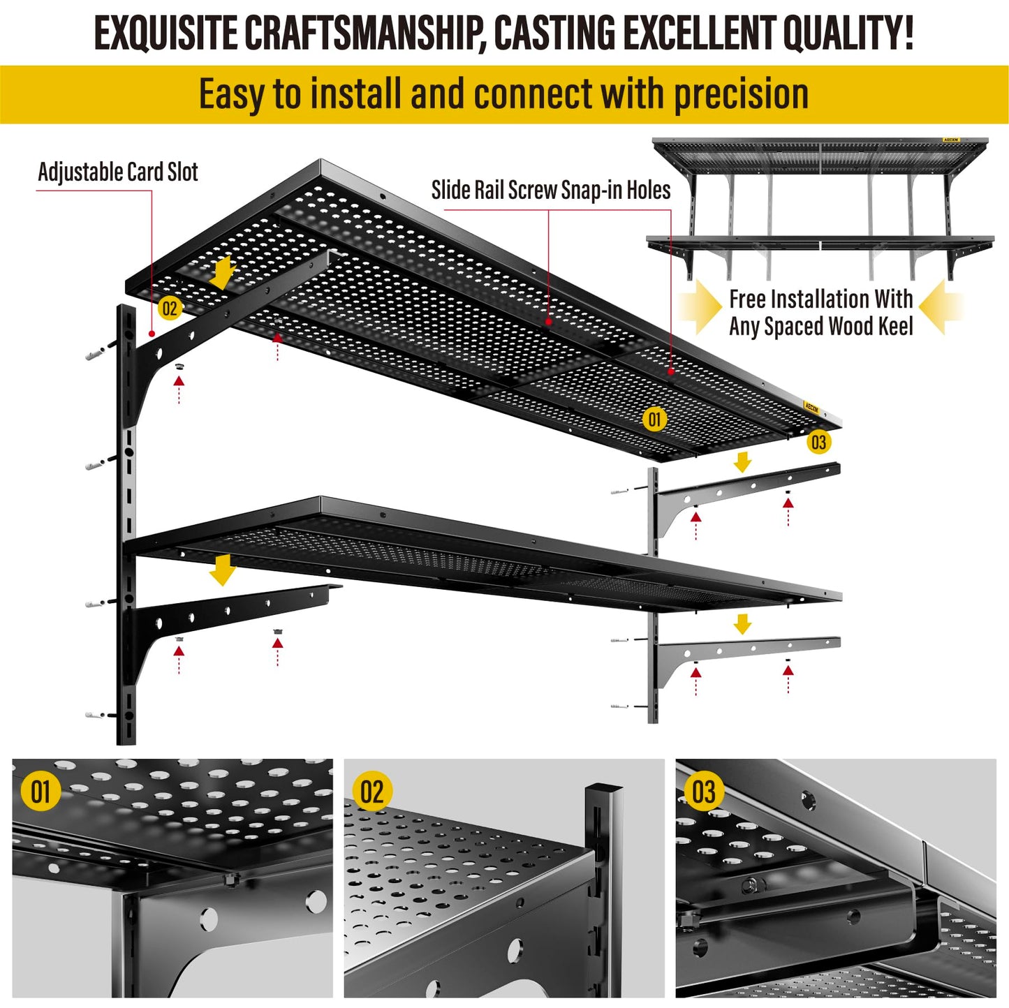 Aecxm 1pack×2 Tier 1.3x4ft Garage Shelving Wall Mounted, 260lbs Load Capacity，15.6x48inch per Shelf Height Cassette Adjustable Floating Shelves, Black