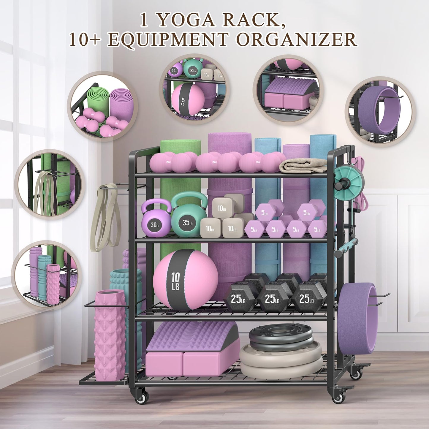 4-Tier Dumbbell Rack Stand Only, Adjustable Weight Rack for Dumbbells Kettlebells Yoga Mat, Home Gym Storage Rack with Wheels and Hooks, Powder Coated Finish (Large)
