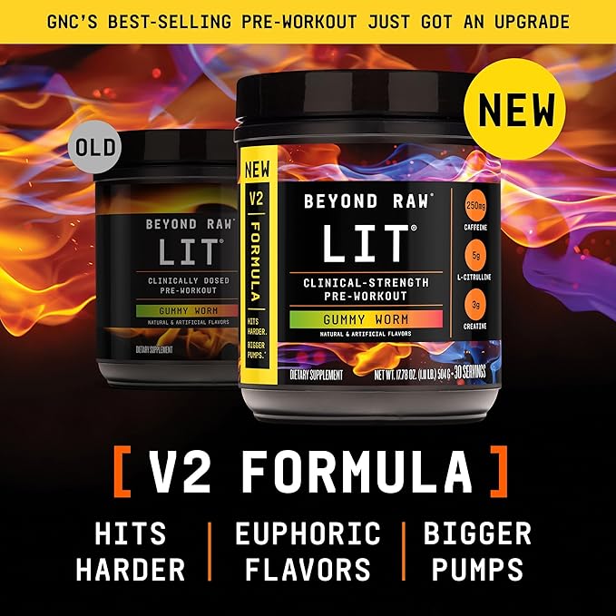 BEYOND RAW LIT V2 Clinical Strength Pre Workout Powder, Hits Harder, Bigger Pumps, Caffeine, L-Citrulline, Creatine, Gummy Worm, 30 Servings