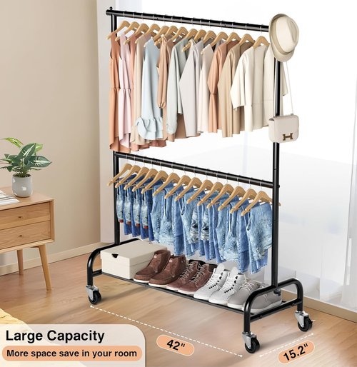MISSLO Heavy Duty Clothing Rack - Adjustable Double Rod Garment Rack on Wheels | Black Metal Design