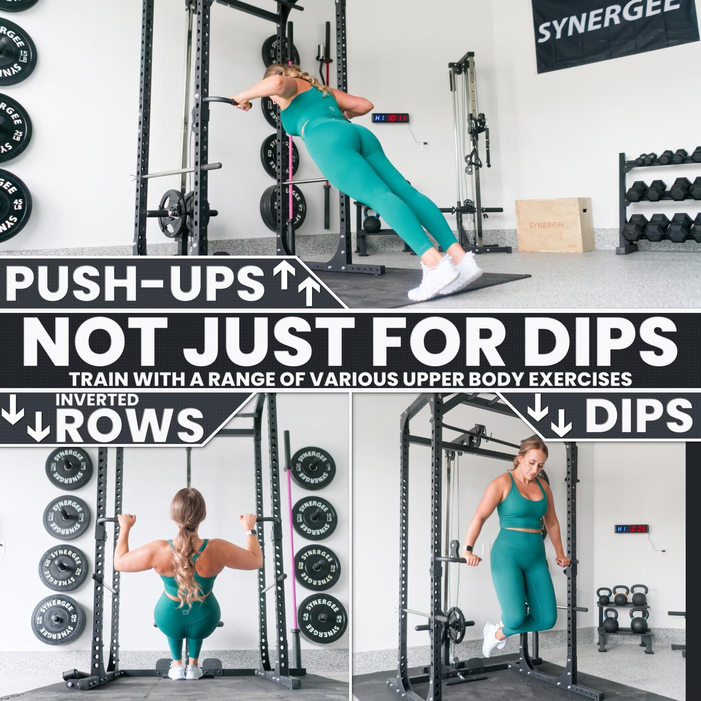 Synergee Dip Handles for 2x3 Power and Squat Racks, Dip Stand Fits Racks with 5/8" Holes. Rack-Mounted Dip Bar Attachment for Dips, Leg Raises, and Knee Tucks.