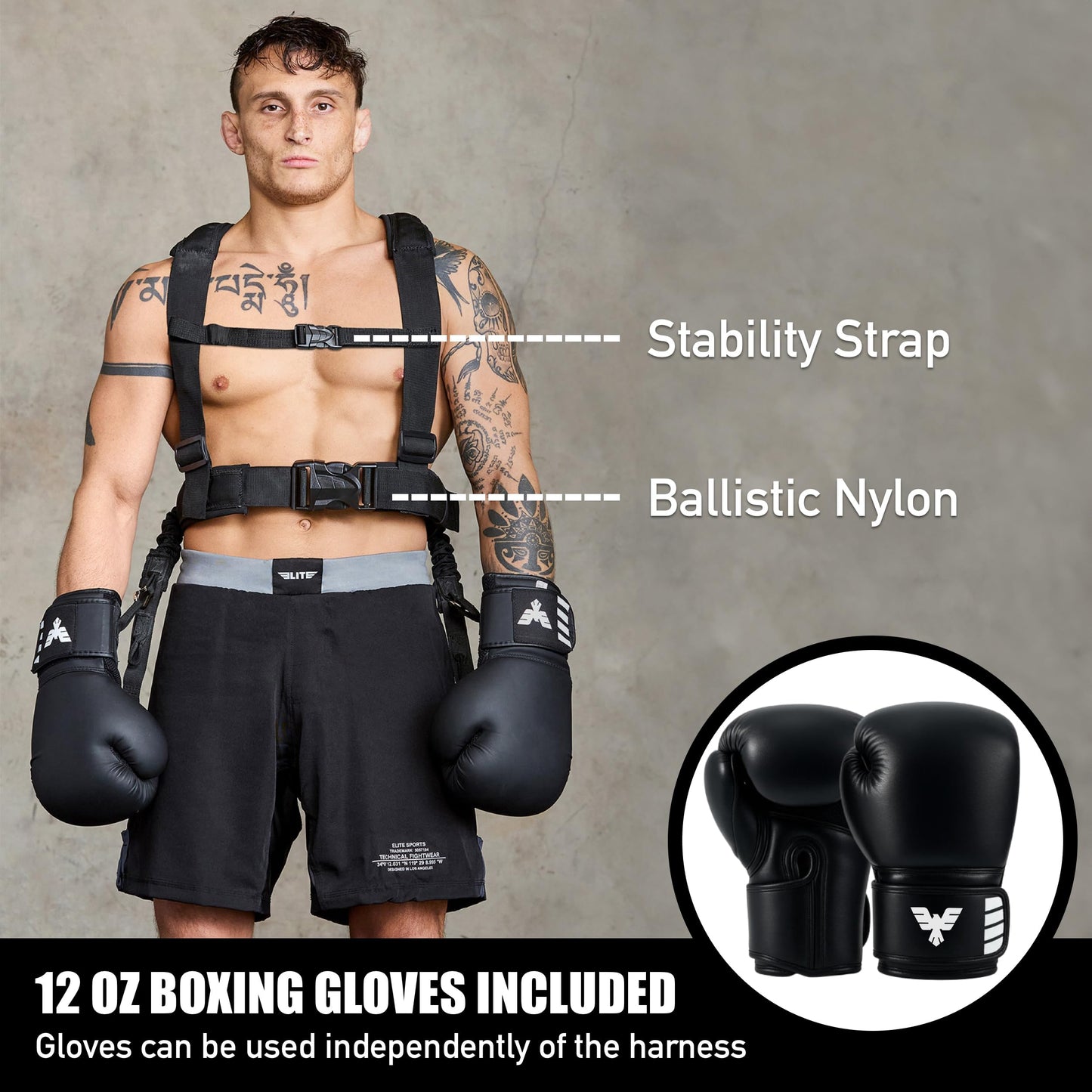 Elite Sports Adult Boxing Harness with 12oz Gloves – Adjustable Resistance Bands (3 Levels), Stability Strap, Padded Back & Shoulder, Ballistic Nylon, Quick-Release Buckle – Training & Workout Gear