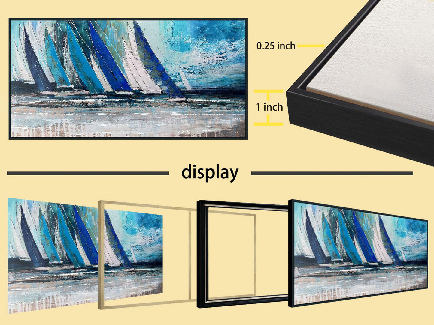 Arjun Framed Wall Art Blue Large Sailboat, Nautical Abstract Canvas Painting for Living Room 40"x20", Teal Coastal Picture Artwork Bedroom Home Office Wall Decor