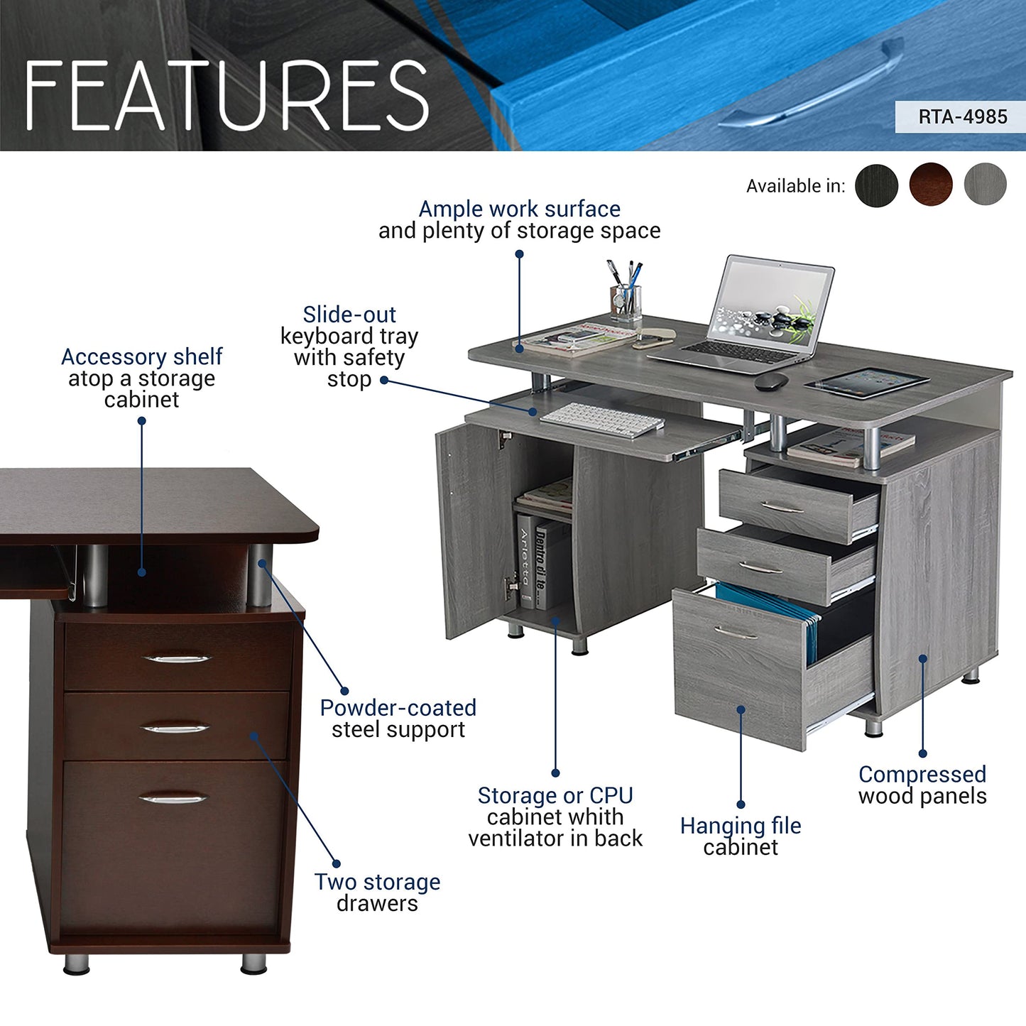 Techni Mobili 48'' W Computer Desk with File Cabinet and Drawers, Storage Cabinet with Removable Shelf and Ventilation for CPU, Home Office Desk or Computer Workstation with Keyboard Tray, Espresso
