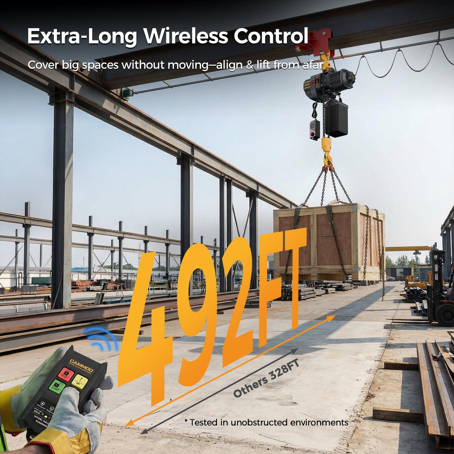 CAMMOO Electric Chain Hoist, 2200 lbs Load, 20 ft Lifting Height, Extended 492 ft Wireless & 20 ft Wired Remote Control, Brushless Copper Motor, DT Carburized Chain, IP65 for Warehouse, Construction