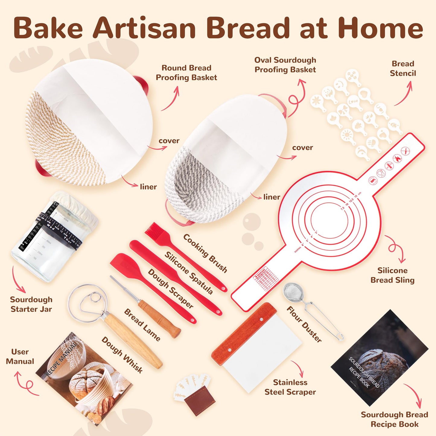 Sourdough Starter Kit, 9" Round and 10" Oval Banneton Bread Baking Supplies, Bread Making Tools Kit, Sourdough Proofing Basket, Sourdough Kit Gifts for Bakers Women Wife Mom