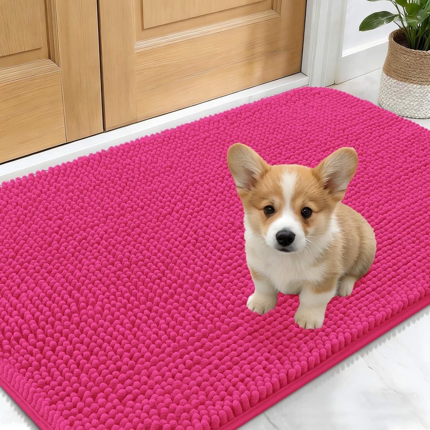 OLANLY Dog Door Mat - Absorbent Non-Slip Mud Mat for Dogs | Quick Dry Chenille, 30x17, Hot Pink