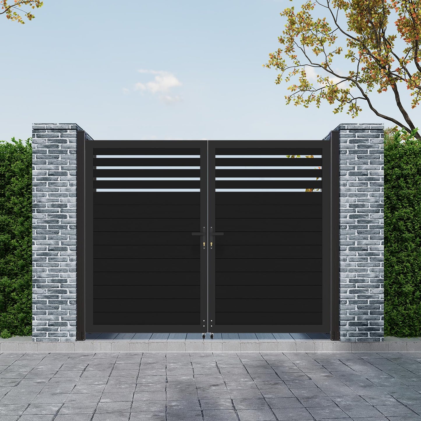 Mondaria Aluminum Double Fence Gate, 6FT H x 8FT W Outdoor Driveway Privacy Gate with Heavy Duty Metal Frame, Rustproof Powder-Coated Gate with Lockable Handle Kit, Semi-Privacy (Posts Not Included)