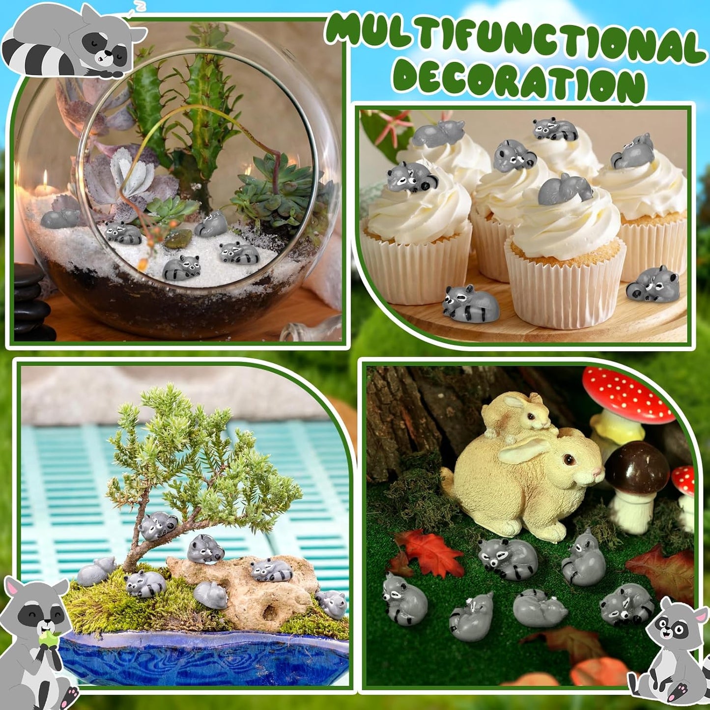Seenelling Mini Raccoon Figurines - 50 Pcs Cute Resin Tiny Animal Decor for Home & Cabin