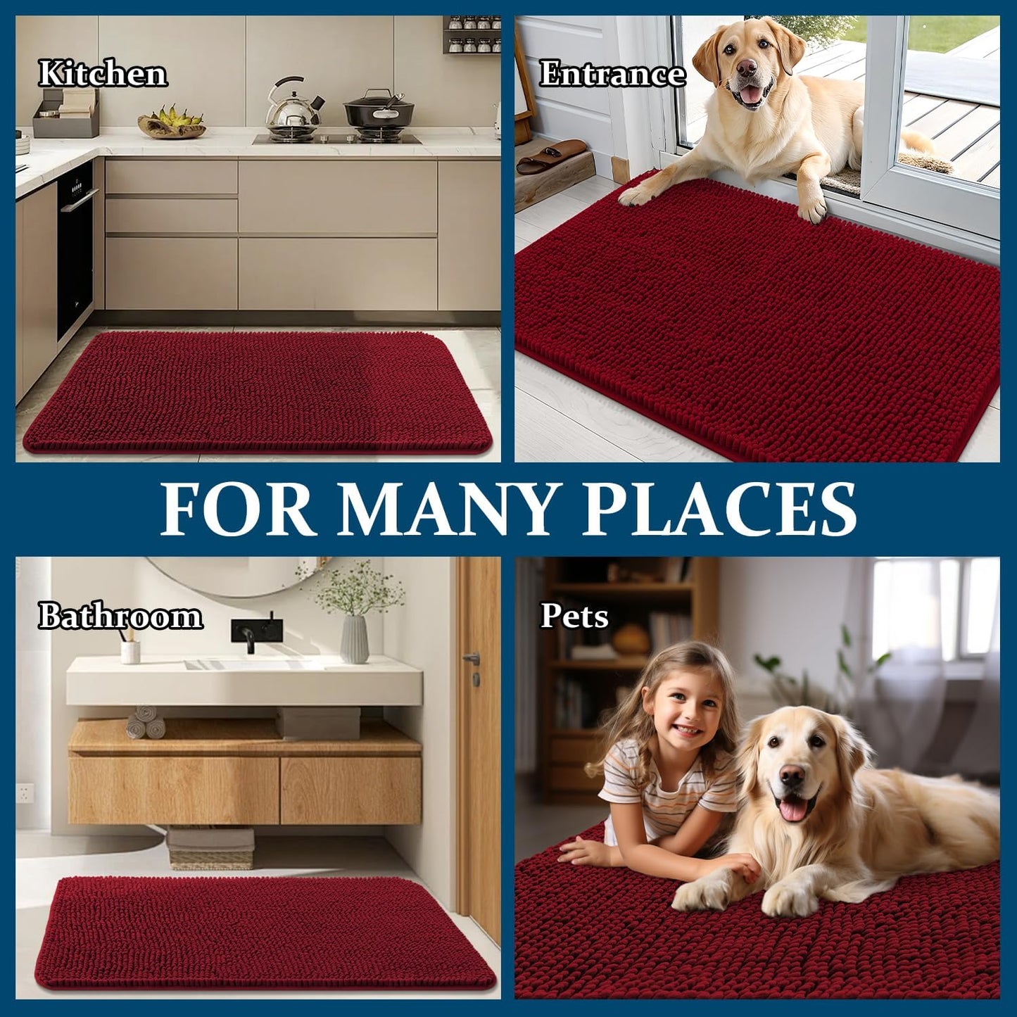 OLANLY Dog Door Mat - Absorbent Non-Slip Mud Mat for Indoor Use | Quick Dry Chenille, 50x30, Red