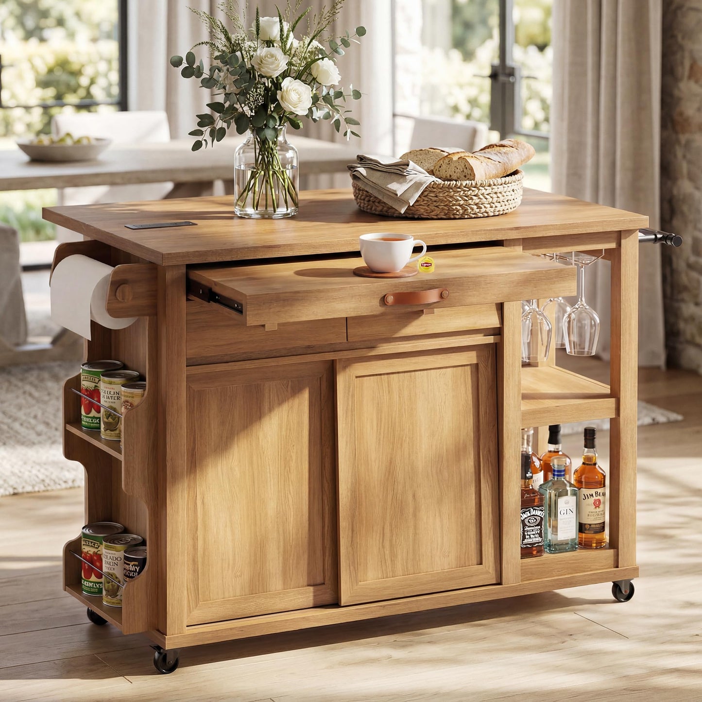 Kitchen Island with Storage & Charging Station, Rolling Kitchen Island Table on Wheels with Drop Leaf & 2 Drawers, Mobile Island Cart with Pull-Out Shelf, Spice Rack, for Dining Room (Natural)