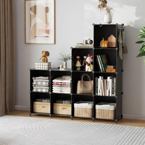 AWTATOS Cube Storage Organizer - Stackable 12-Cube Plastic Shelves for Closet & Home - Black