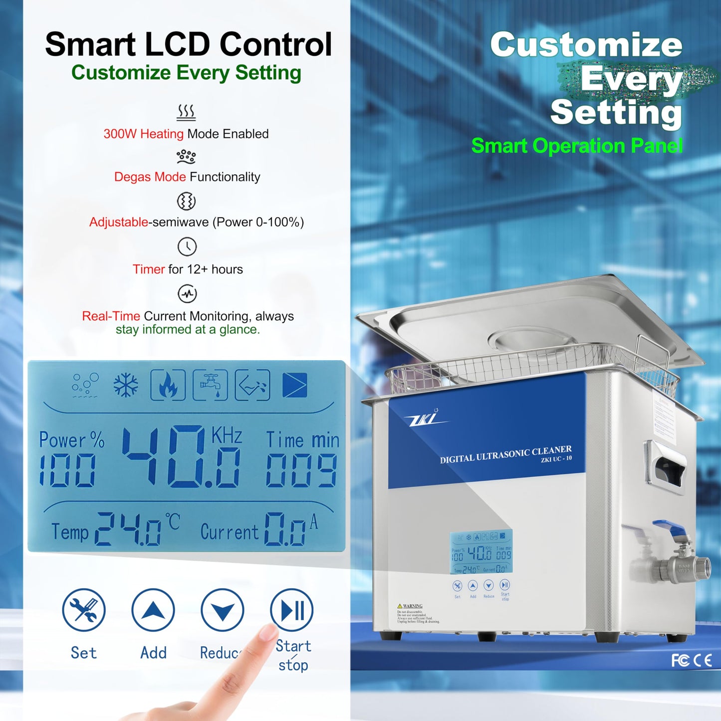 ZKI 10L Digital Ultrasonic Cleaning Machine, Adjustable Heater/Intensity/Timer Ultrasonic Cleaner, Degas Mode, Low-Noise, 12+ Hrs Run Time, Ideal for Jewelry, Lab, Glasses, Dentures, Ind. (110V/600W)