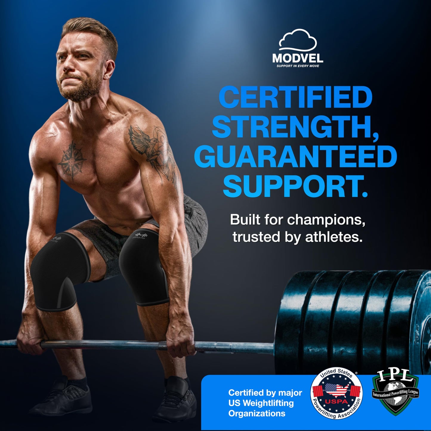Modvel 7mm Neoprene Knee Sleeves for Men & Women Weightlifting & Powerlifting – Compression Knee Sleeve Support for Squats, Gym, Training – USPA, IPL Approved – Medium Black (Pair)