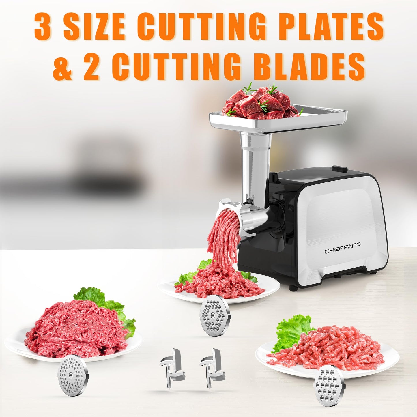 CHEFFANO Life Electric Meat Grinder, Stainless Steel Sausage Stuffer Maker With 2 Blades, 3 Plates, Sausage Tube & Kubbe Kit, [2000W Max] Heavy Duty for Home Use