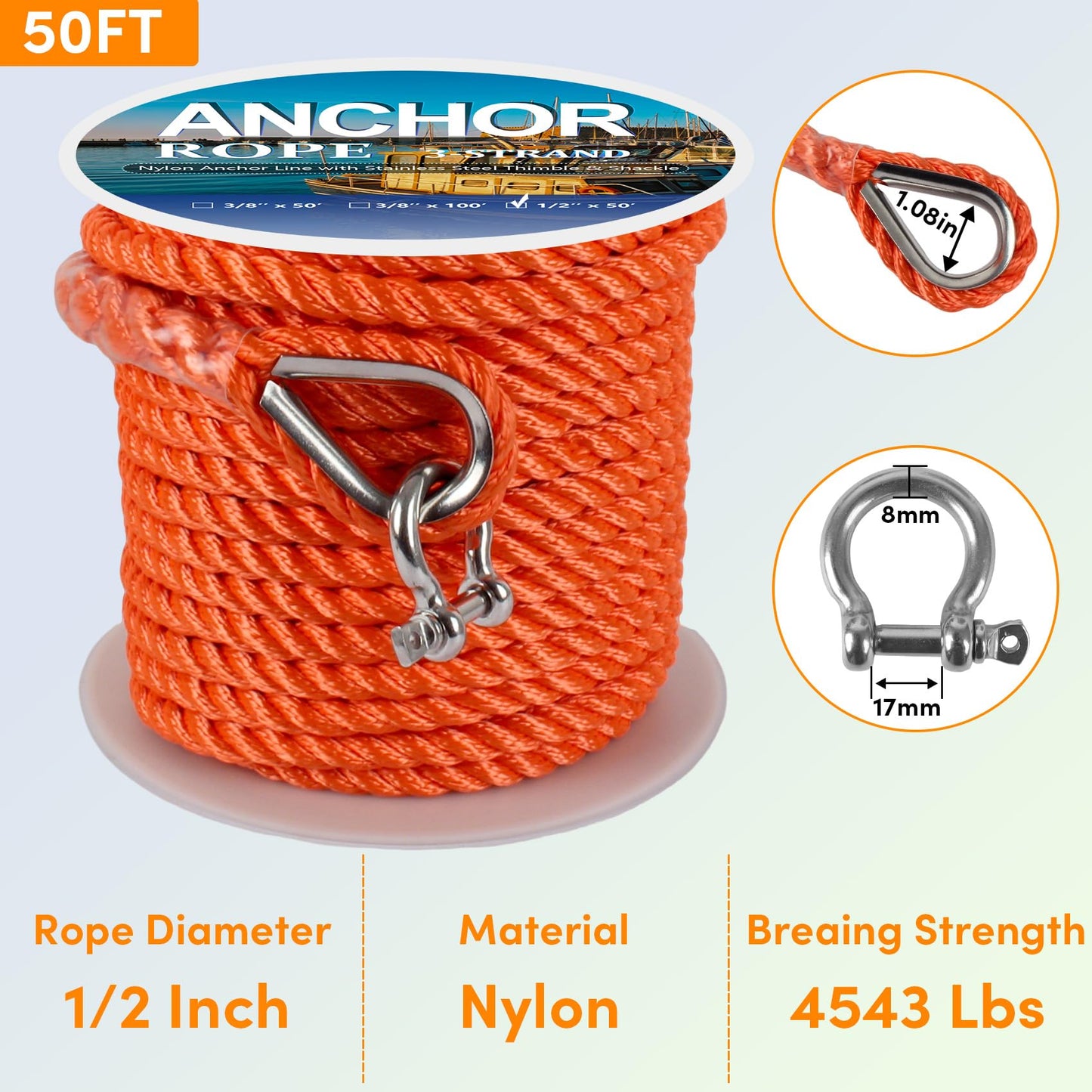 Anchor Rope 50 ft X 1/2 inch, 3-Strand Twisted Nylon Anchor Line, Boat Rope with Stainless Steel Thimble and Shackle for Boating, Anchoring, Mooring,Pulling (Orange)