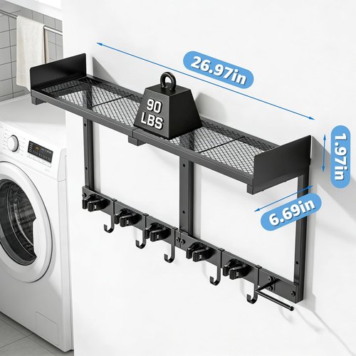 HUFAND Broom Holder Wall Mount - Heavy Duty Mop & Broom Organizer with Top Shelf & Hook | 27" Black Utility Rack for Laundry, Garage, Kitchen, Garden