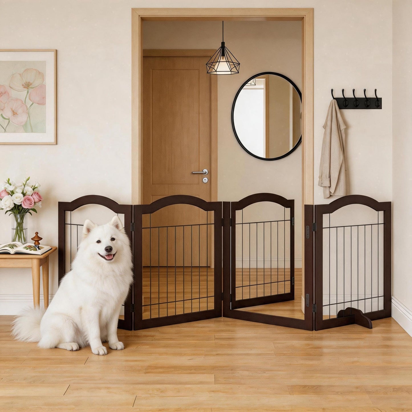 Vantas Folding No-Assembly Dog Door Pet Gate 96" Wide, 30" Tall Wooden Dog Gate with Door Walk Through, Freestanding Wire Pet Gate, Pet Puppy Safety Fence, with 2PCS Support – Espresso