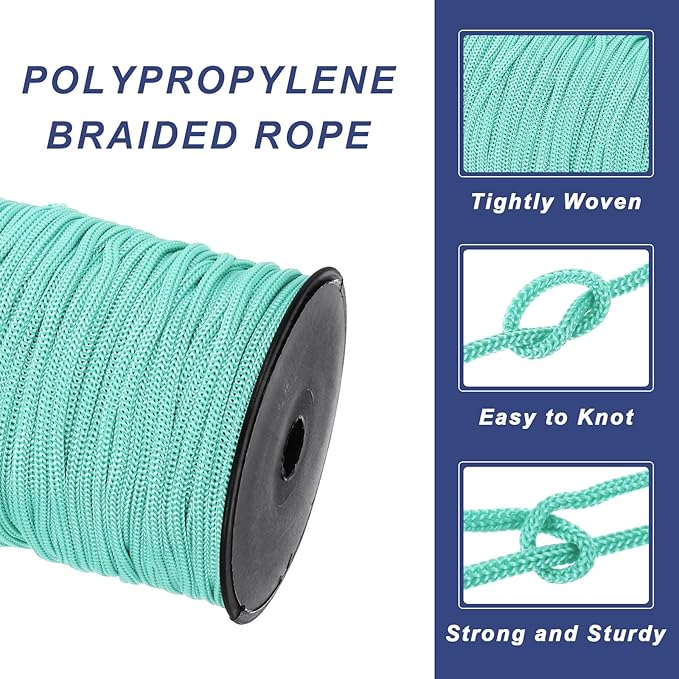 MECCANIXITY 3/16 Inch Polypropylene Rope Braided Ropes, 328ft Nylon Rope Hollow Utility Cord for Clothesline, Camping, Hiking, Outdoor, Light Blue